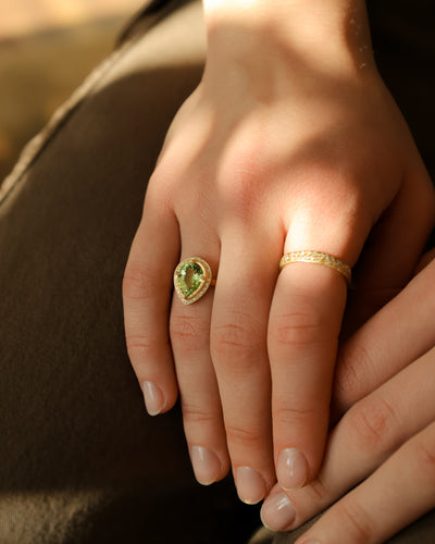 Green Tourmaline Pear Ring with Halo