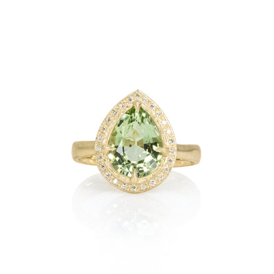 Green Tourmaline Pear Ring with Halo