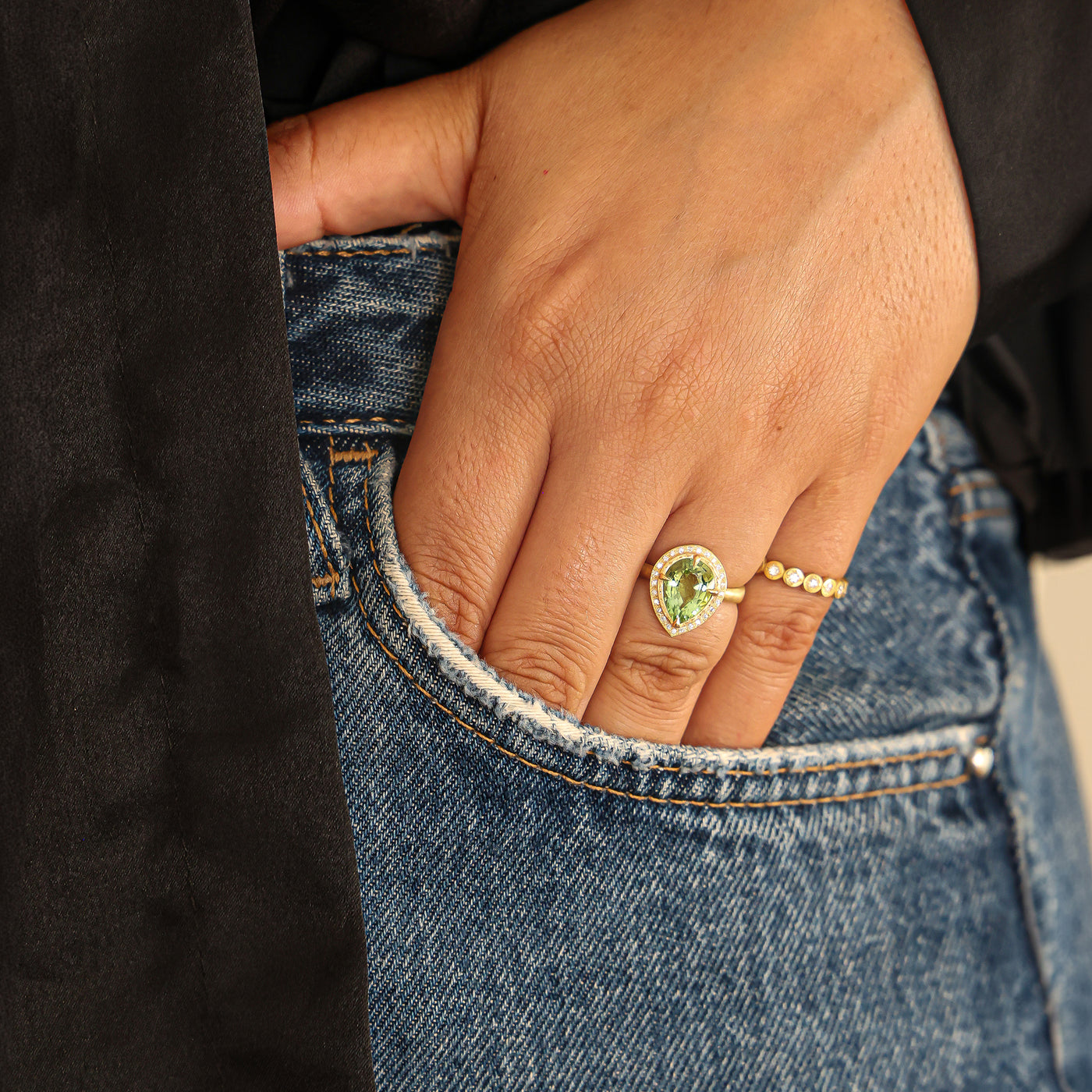 Green Tourmaline Pear Ring with Halo