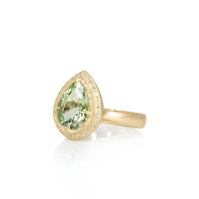 Green Tourmaline Pear Ring with Halo