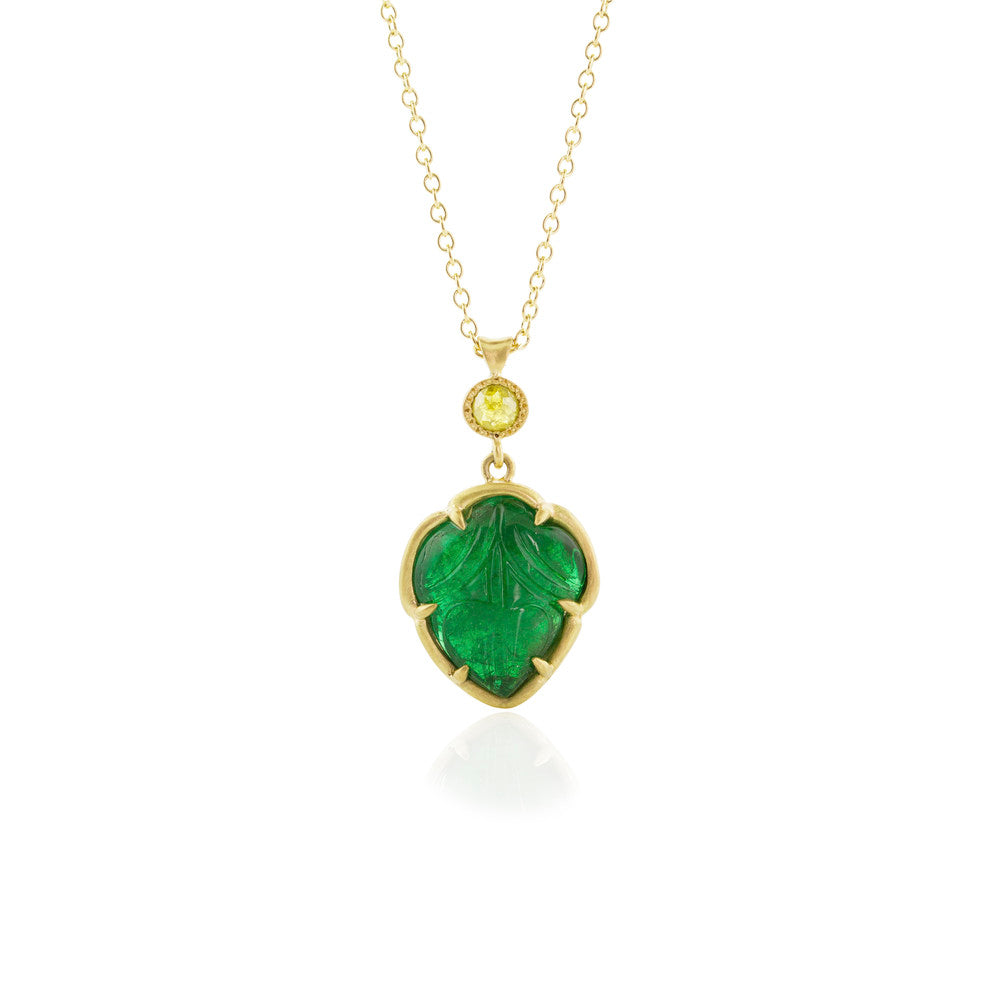 18K Yellow Gold Emerald & Diamond Palm Leaf Pendant | Adel Chefridi